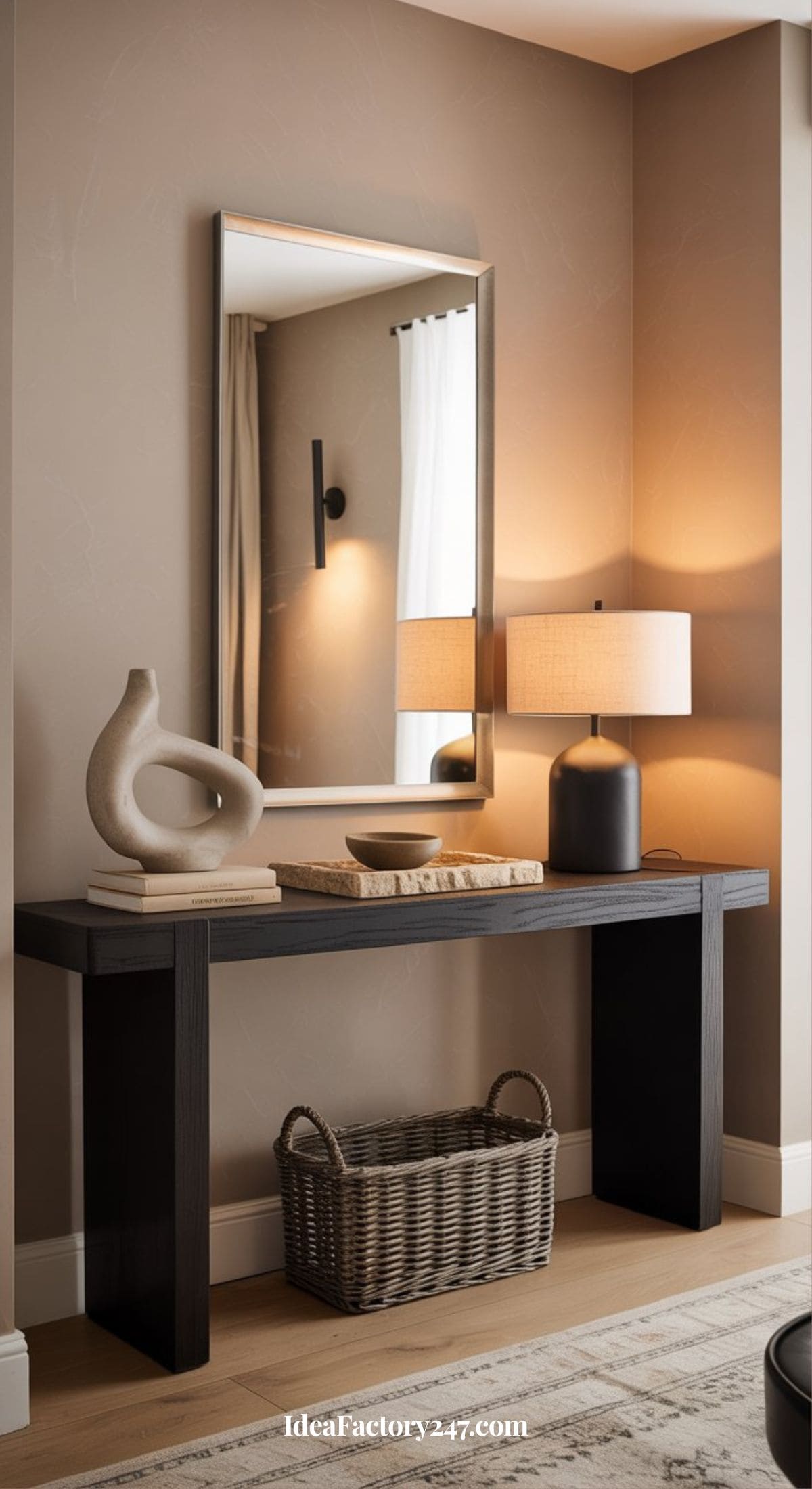 A modern entryway with a black console table, a woven basket underneath, abstract sculpture, books, a beige lamp, and a large mirror reflecting curtains and wall sconce. Neutral tones create a minimalist look.