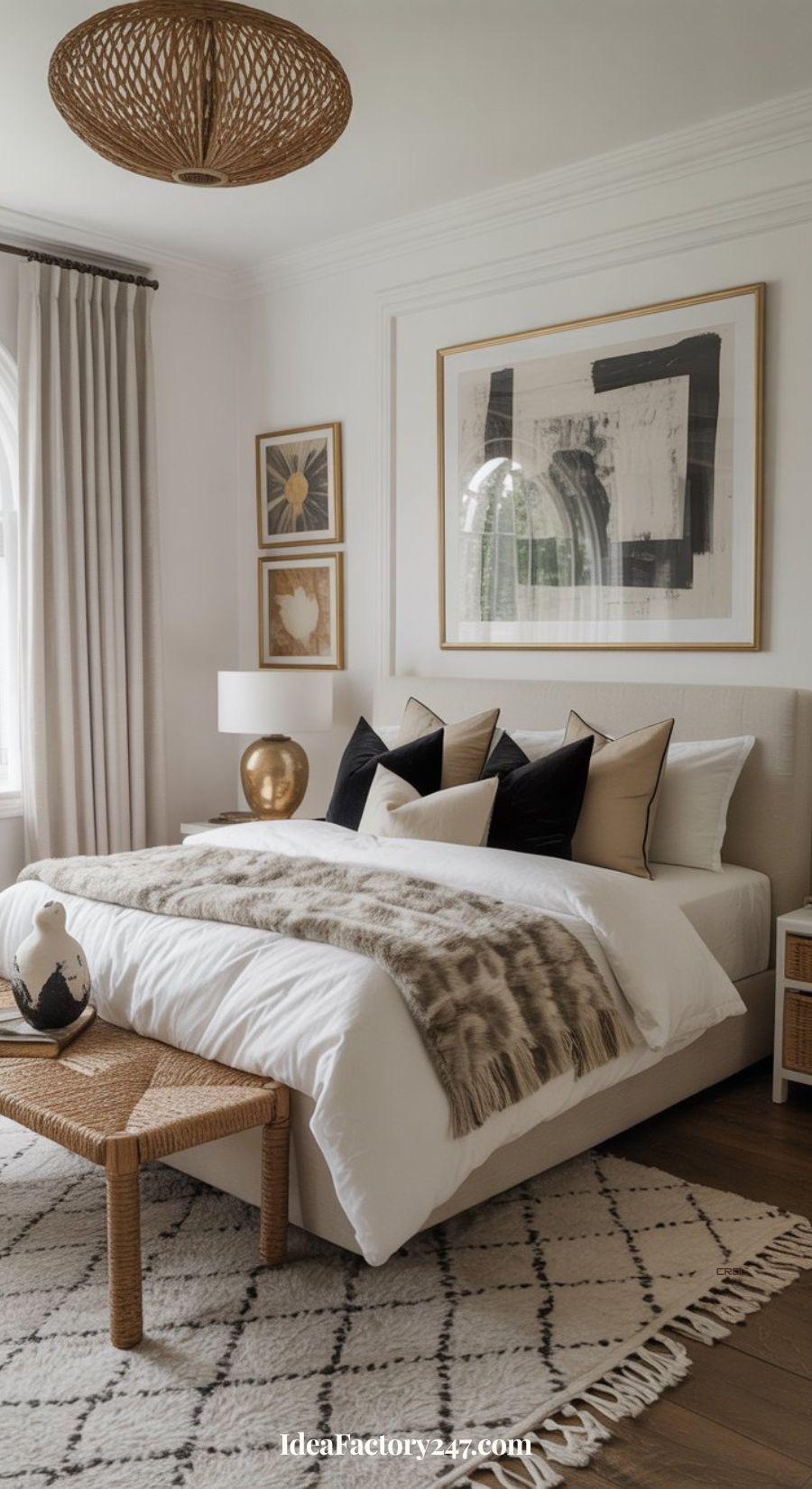 A modern bedroom with a bed featuring neutral pillows and a patterned throw, a woven bench at the foot, abstract wall art, a large window with beige curtains, and a geometric rug on a light wood floor.