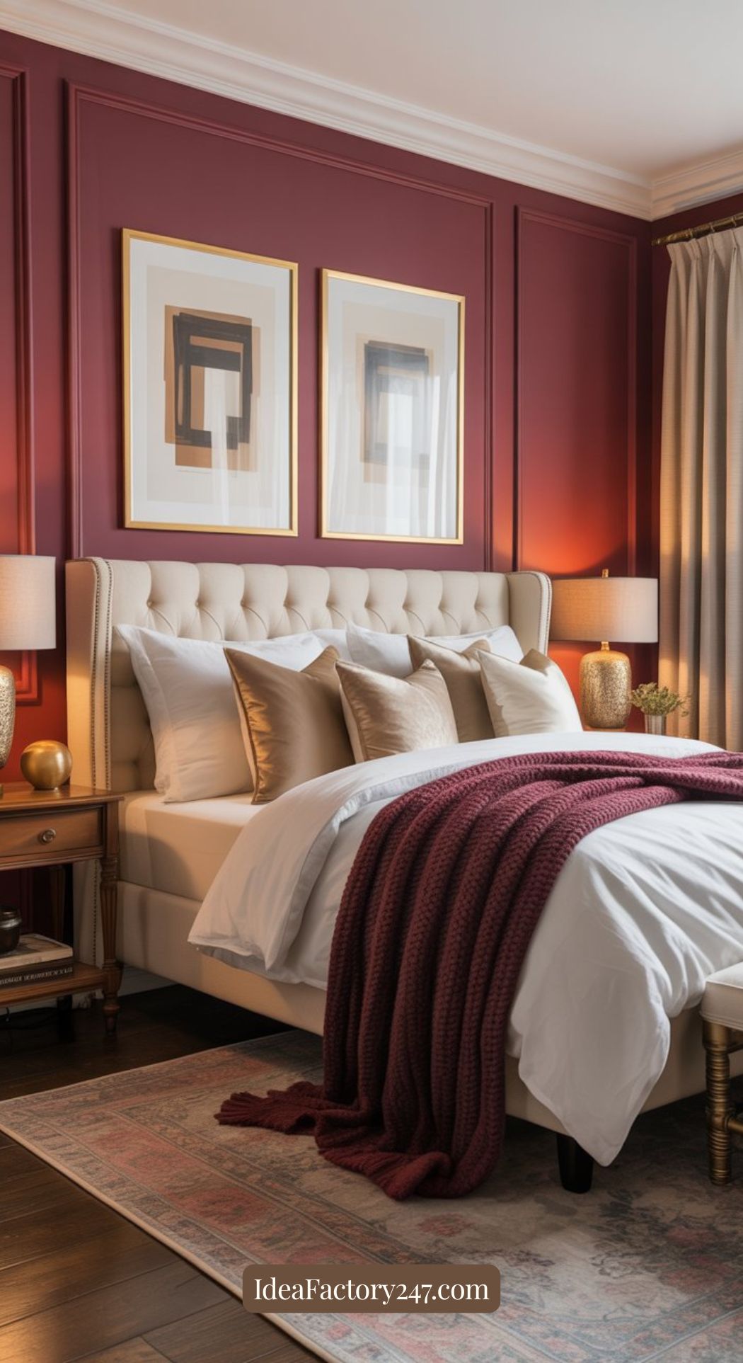 A stylish bedroom with a beige upholstered bed, layered cream and tan pillows, a burgundy knit blanket, gold-accented lamps, abstract wall art, and burgundy walls with white trim. Curtains and a rug add warmth.