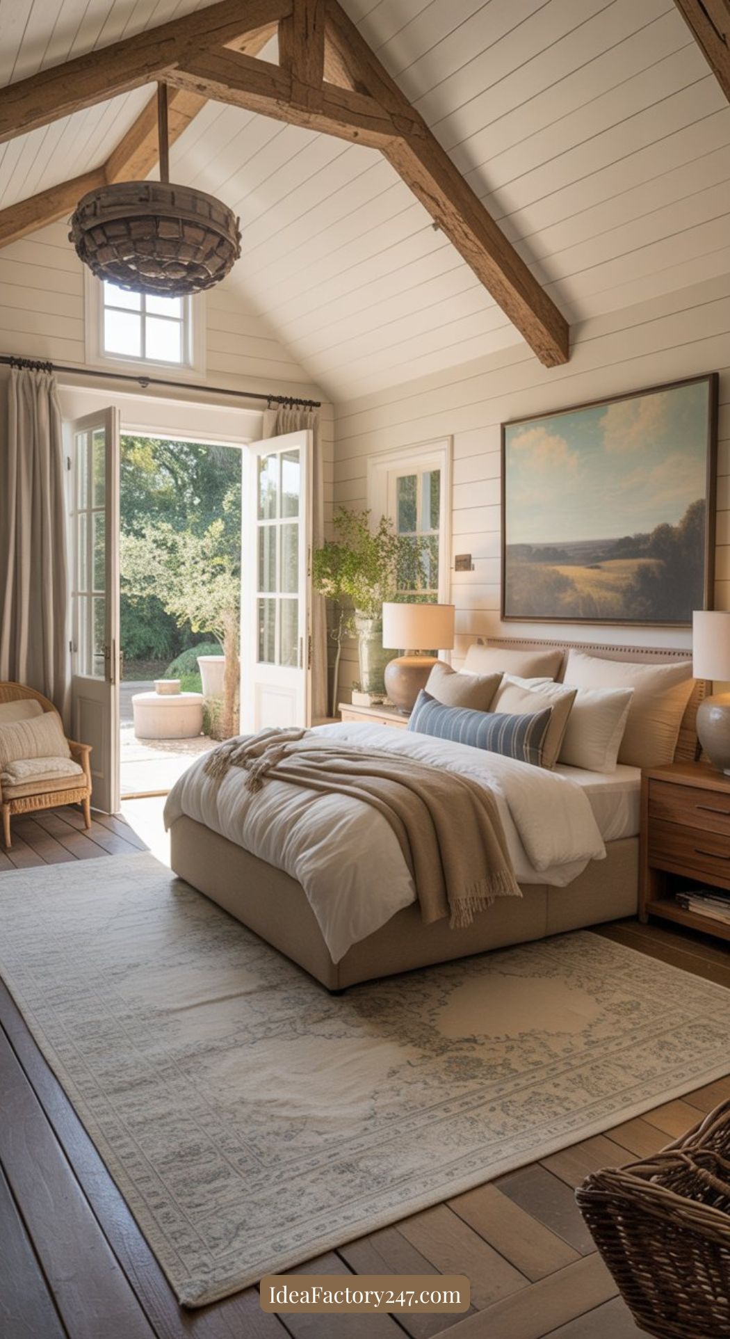 A cozy bedroom with exposed wooden beams, a large bed with neutral bedding, nightstands with lamps, an armchair, a soft rug, and French doors opening to a sunny patio with greenery outside.