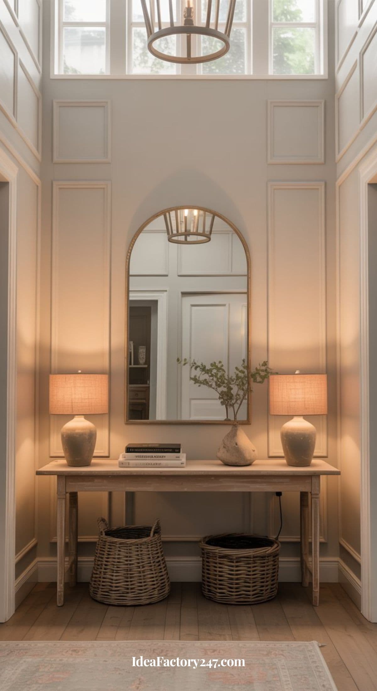 A hallway with a wooden console table, two table lamps, a large arched mirror, a ceramic vase with greenery, and two wicker baskets underneath. Soft lighting and tall windows create a bright, elegant space.