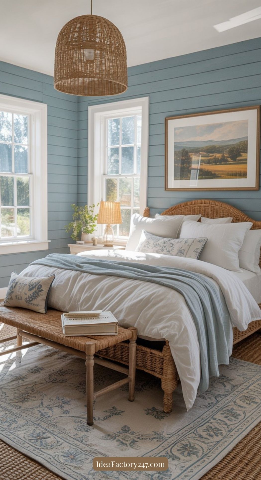A cozy bedroom with blue shiplap walls, a wicker bed, white bedding with blue accents, a matching bench, large windows, a rattan pendant light, and a framed landscape painting above the bed.