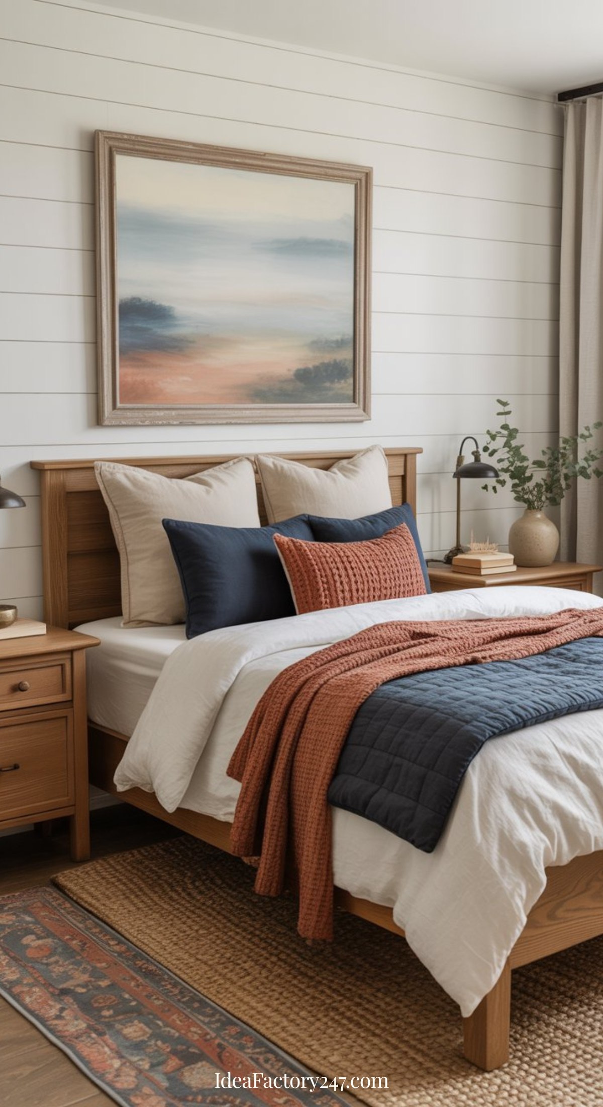A cozy blue and terracotta bedroom with a wooden bed, white and navy bedding, rust-colored throw, matching nightstands, a table lamp, books, plants, a patterned rug, and a large framed landscape painting above the bed.
