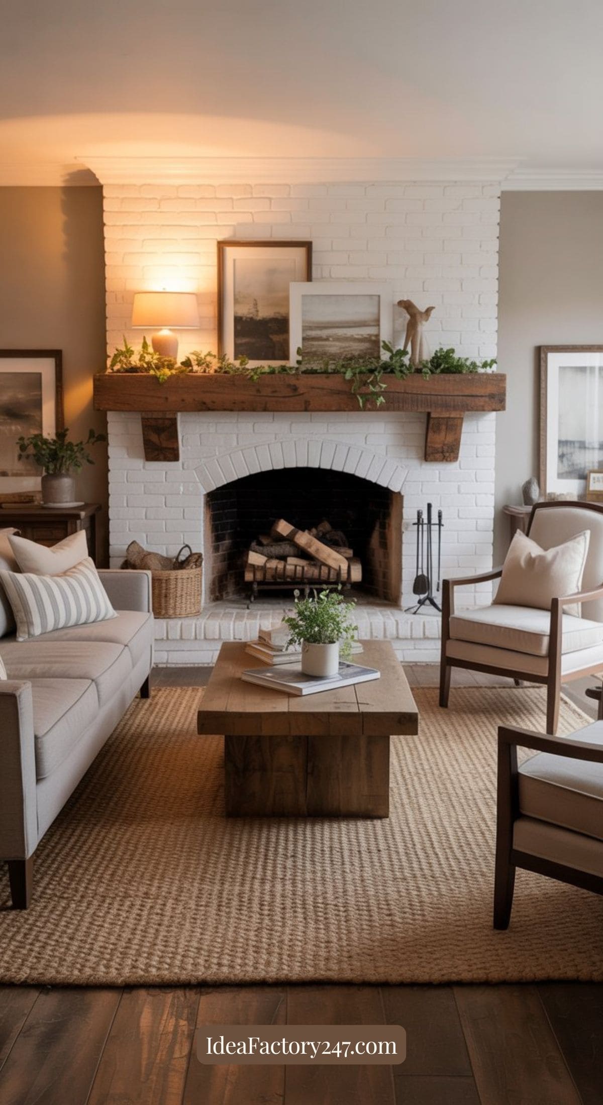 A cozy living room with a white brick fireplace, wood mantel decorated with plants and framed art, neutral-toned sofas and chairs, a wooden coffee table, and a woven rug. Warm, inviting lighting enhances the space.