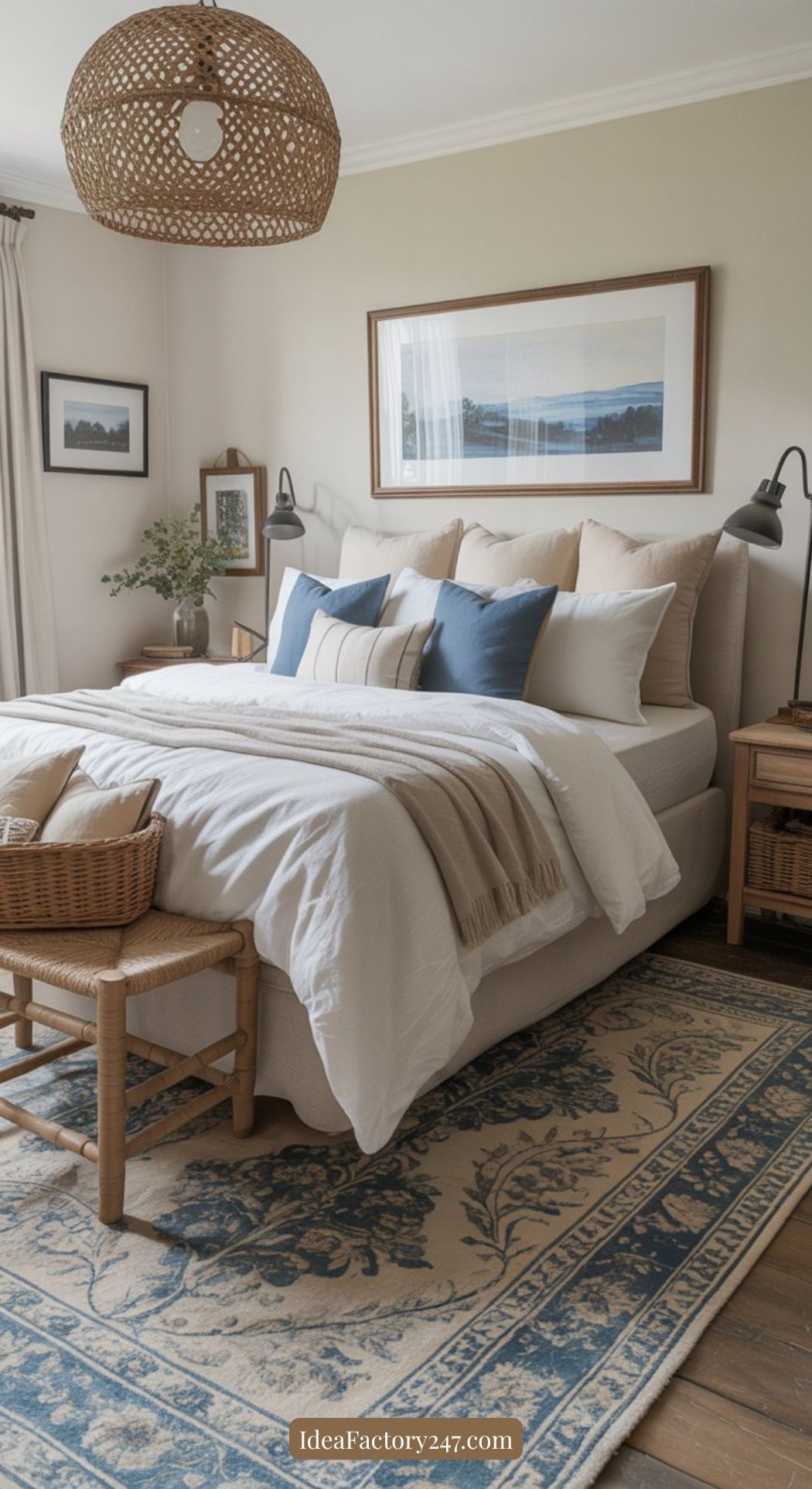 A cozy bedroom with a neatly made bed featuring beige and blue pillows, a woven pendant light, wooden nightstands, wall art, and a patterned rug in neutral tones. Natural light fills the room, enhancing the warm decor.