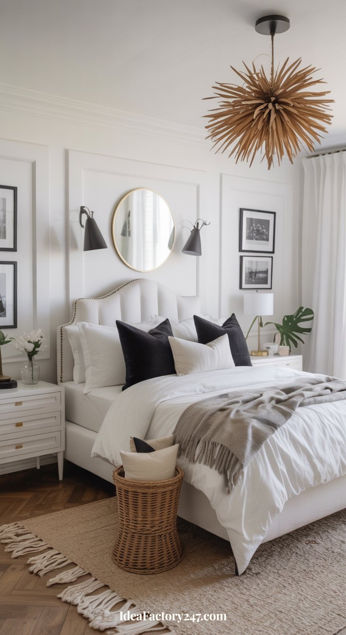 A modern space showcasing black and white bedroom ideas, featuring a white bed, monochrome pillows, a beige throw, wall art, round mirror, bedside tables with lamps, potted plant, wicker basket, and a wooden spiky chandelier.