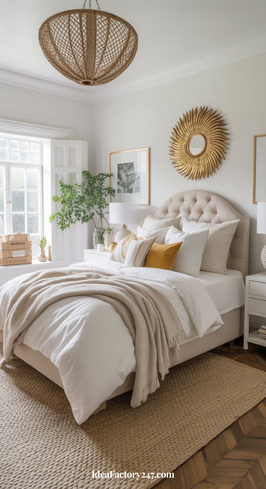 Bright, cozy bedroom with a tufted bed, white and beige linens, gold sunburst mirror, plants, wicker light fixture, and natural light from a large window. Warm, inviting, and styled in neutral tones.