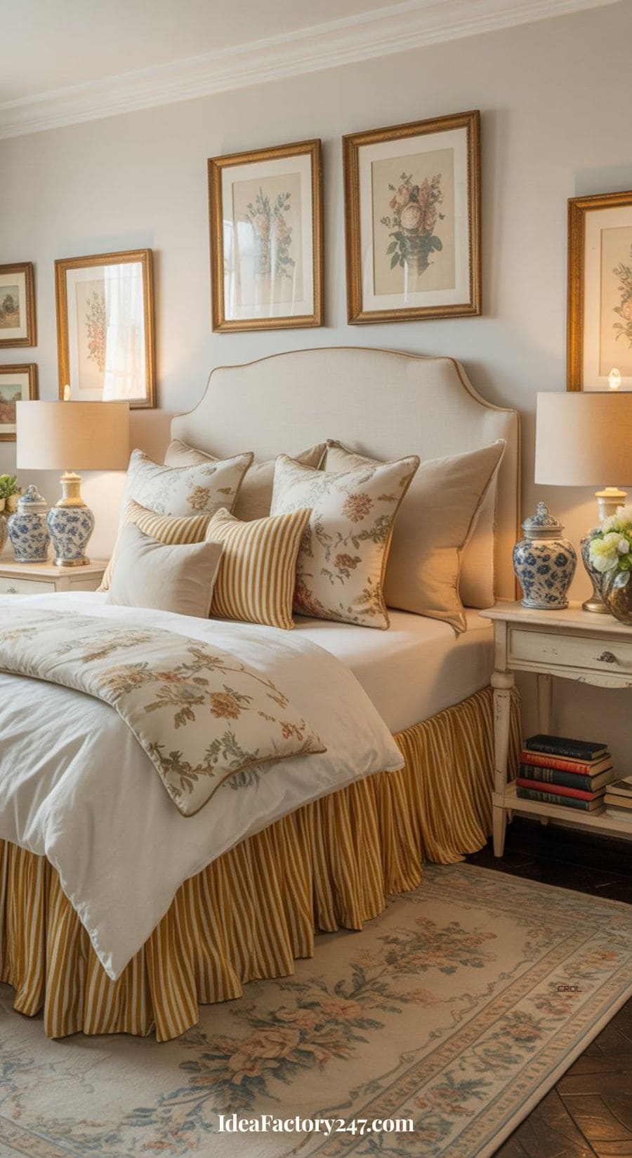 A cozy bedroom with a cream upholstered bed, floral bedding, striped bed skirt, and matching pillows. Two nightstands with blue and white lamps and fresh flowers flank the bed. Botanical prints hang on the wall above the headboard.