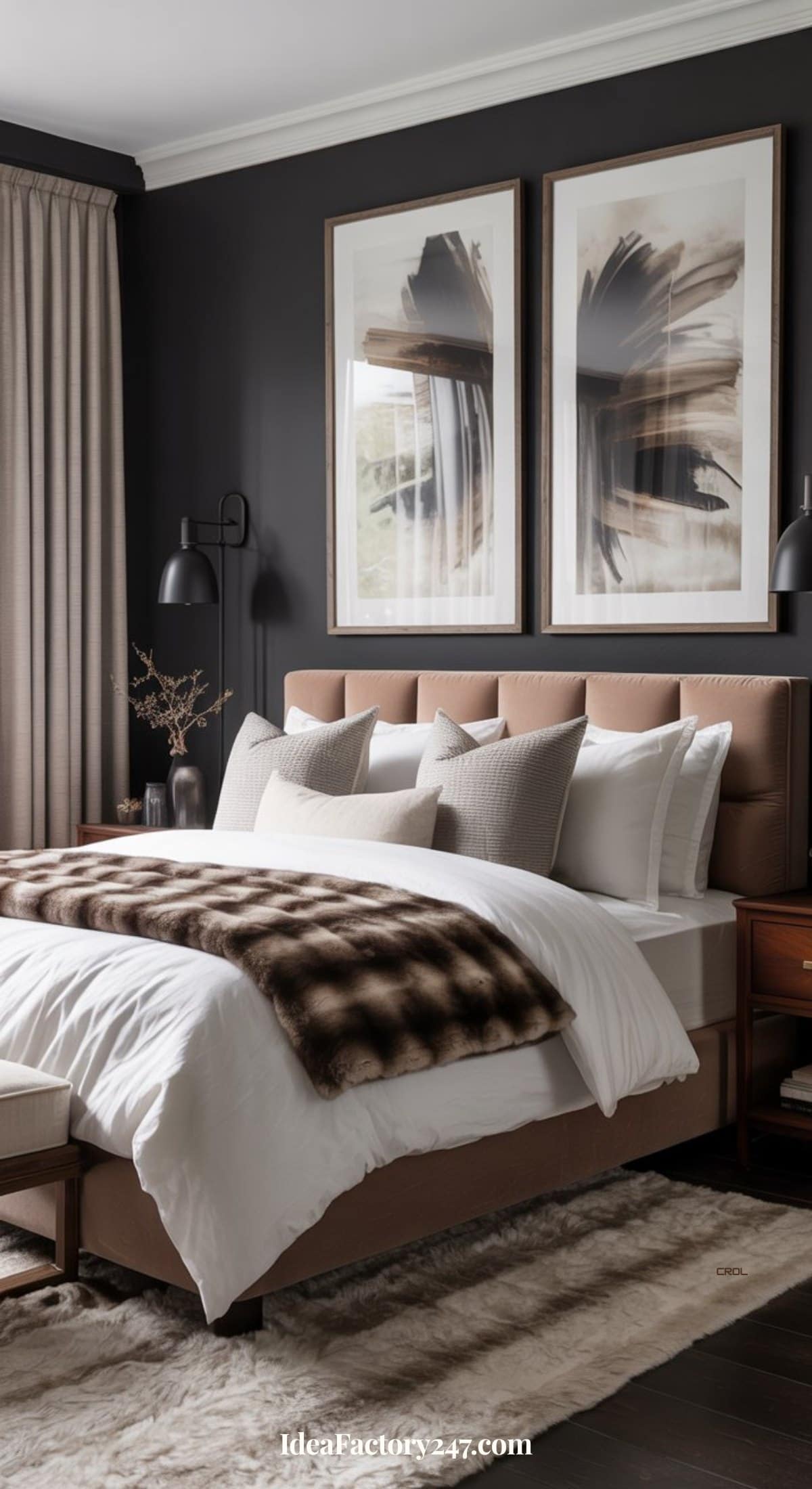 A stylish bedroom with a modern beige bed, white bedding, plaid throw, two abstract wall artworks, dark accent wall, wooden nightstands, and neutral-toned curtains and rug.