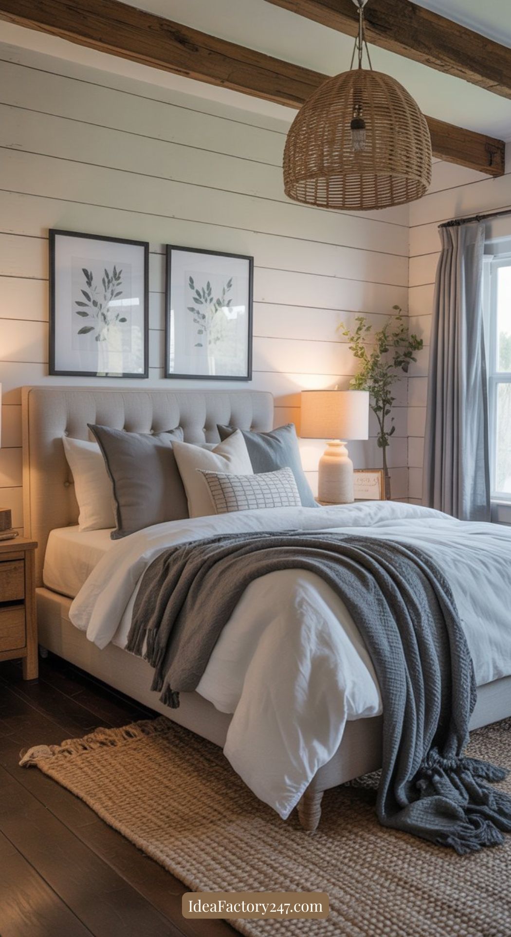 A cozy bedroom with a tufted bed, layered gray and white bedding, wooden nightstands, framed floral art, a woven pendant light, shiplap walls, and a jute rug on dark wood floors. Natural light streams through a window.