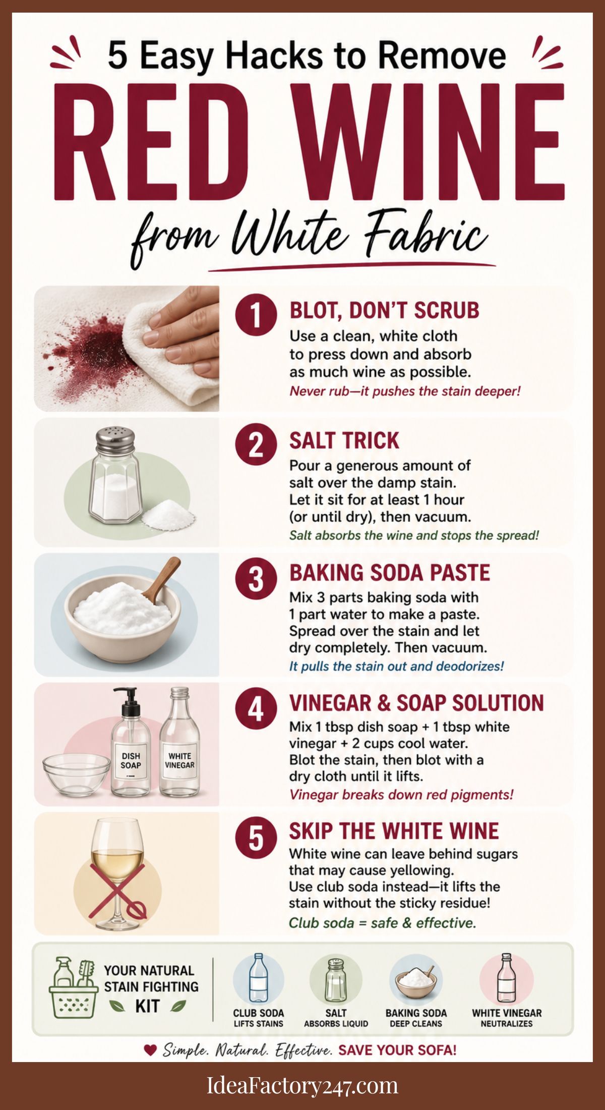 Infographic titled 5 Easy Hacks to Remove Red Wine from White Fabric, showing step-by-step illustrated instructions using blotting, salt, baking soda paste, vinegar and soap solution, and skipping white wine.