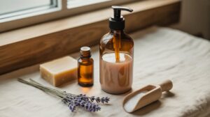 A brown pump bottle, a small amber glass bottle, a bar of soap, a wooden scoop with bath salts, and a sprig of lavender are arranged on a cloth near a window.