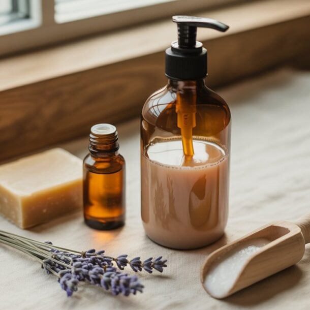 A brown pump bottle, a small amber glass bottle, a bar of soap, a wooden scoop with bath salts, and a sprig of lavender are arranged on a cloth near a window.