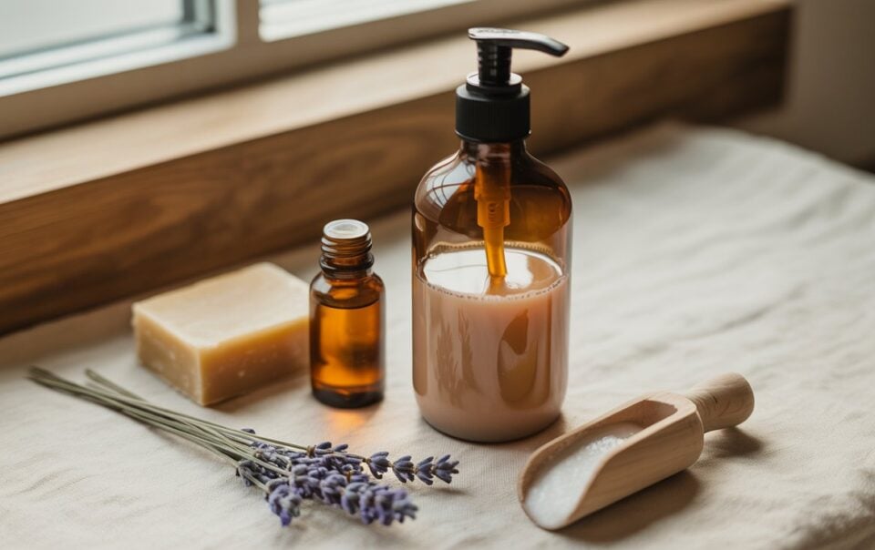 A brown pump bottle, a small amber glass bottle, a bar of soap, a wooden scoop with bath salts, and a sprig of lavender are arranged on a cloth near a window.