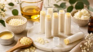 Several homemade lip balm tubes are arranged on a marble tray, surrounded by key lip balm troubleshooting ingredients like beeswax pellets, oil, and cocoa butter in bowls and spoons, with greenery and flowers in the background.