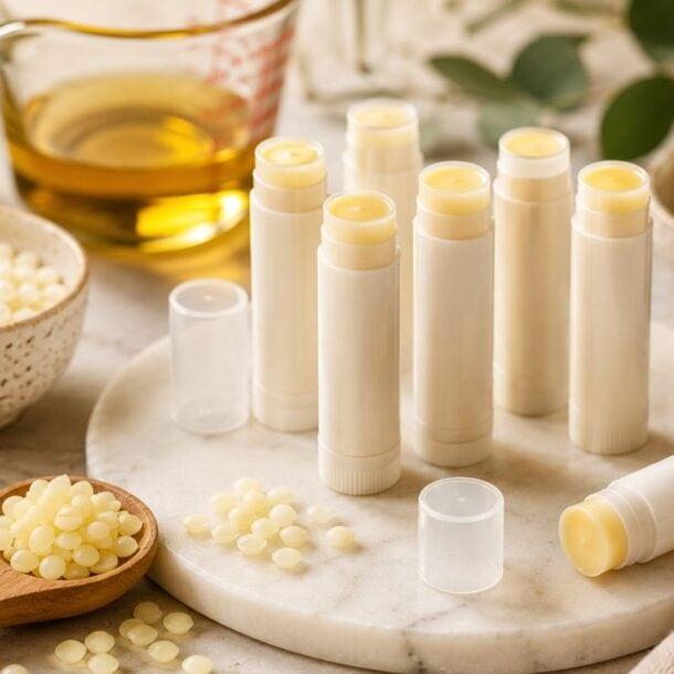Several homemade lip balm tubes are arranged on a marble tray, surrounded by key lip balm troubleshooting ingredients like beeswax pellets, oil, and cocoa butter in bowls and spoons, with greenery and flowers in the background.