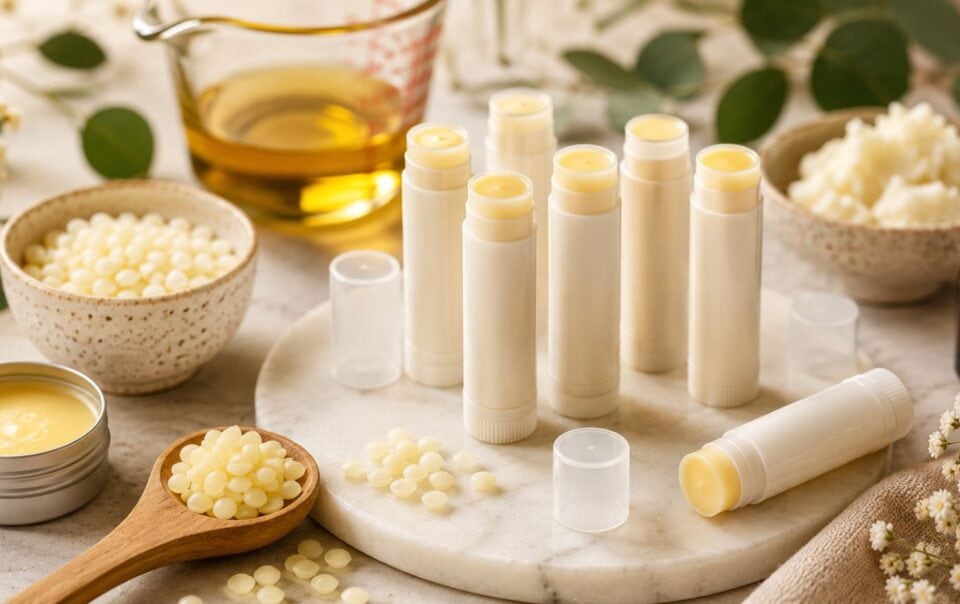 Several homemade lip balm tubes are arranged on a marble tray, surrounded by key lip balm troubleshooting ingredients like beeswax pellets, oil, and cocoa butter in bowls and spoons, with greenery and flowers in the background.