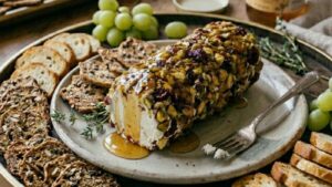 A platter featuring a Honey & Pistachio Goat Cheese Log coated in nuts and dried fruit, drizzled with honey, surrounded by assorted crackers and green grapes. A fork rests on the plate next to the cheese.