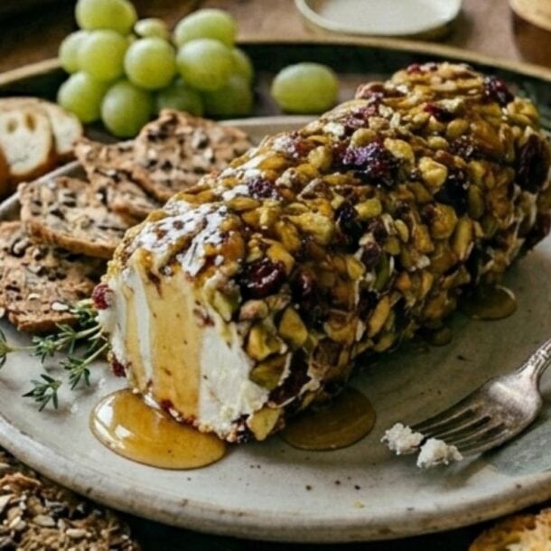 A platter featuring a Honey & Pistachio Goat Cheese Log coated in nuts and dried fruit, drizzled with honey, surrounded by assorted crackers and green grapes. A fork rests on the plate next to the cheese.