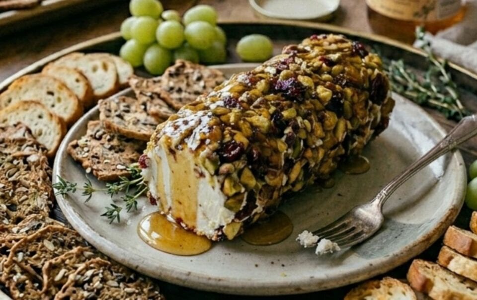 A platter featuring a Honey & Pistachio Goat Cheese Log coated in nuts and dried fruit, drizzled with honey, surrounded by assorted crackers and green grapes. A fork rests on the plate next to the cheese.