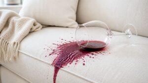 A glass of red wine has tipped over on a light-colored couch, spilling wine onto the fabric and creating a large red stain. Nearby, there is a cream-colored blanket and pillows.
