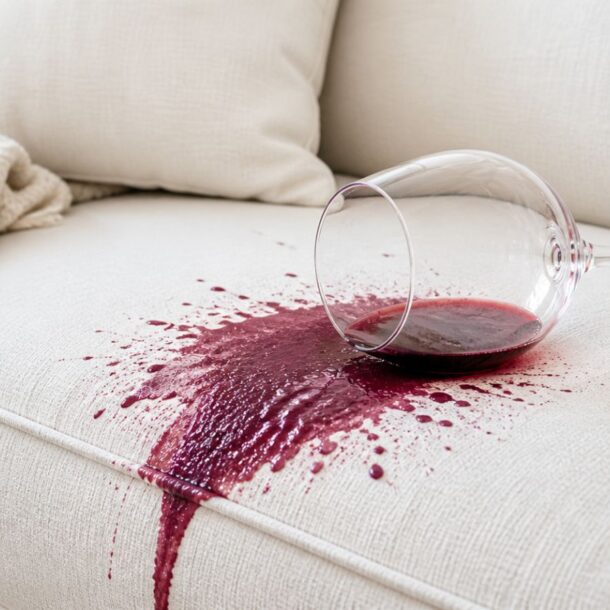 A glass of red wine has tipped over on a light-colored couch, spilling wine onto the fabric and creating a large red stain. Nearby, there is a cream-colored blanket and pillows.