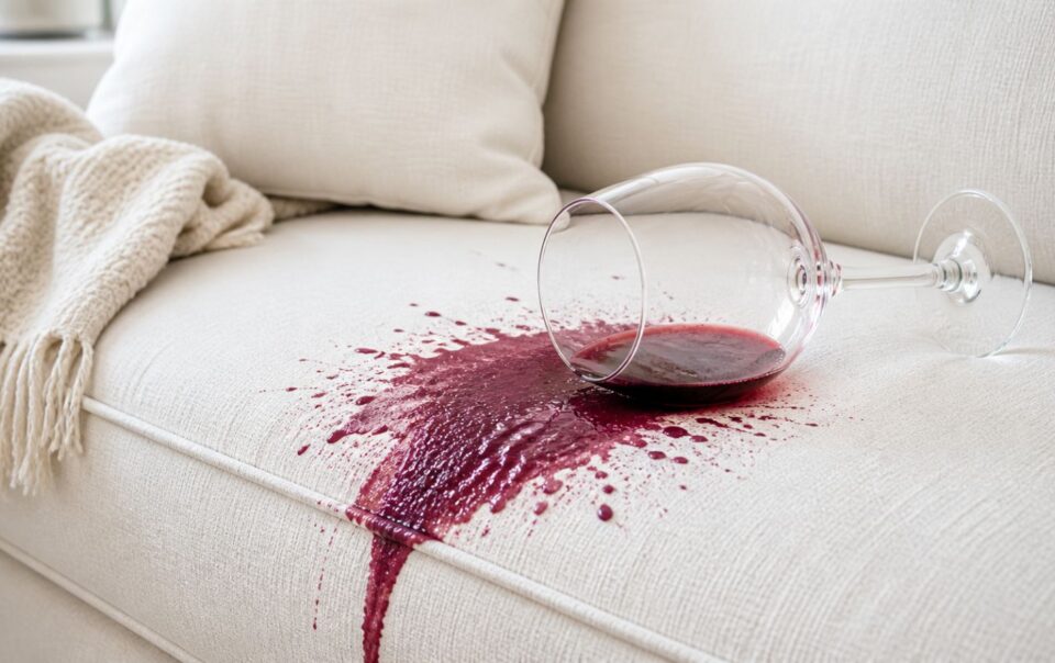 A glass of red wine has tipped over on a light-colored couch, spilling wine onto the fabric and creating a large red stain. Nearby, there is a cream-colored blanket and pillows.
