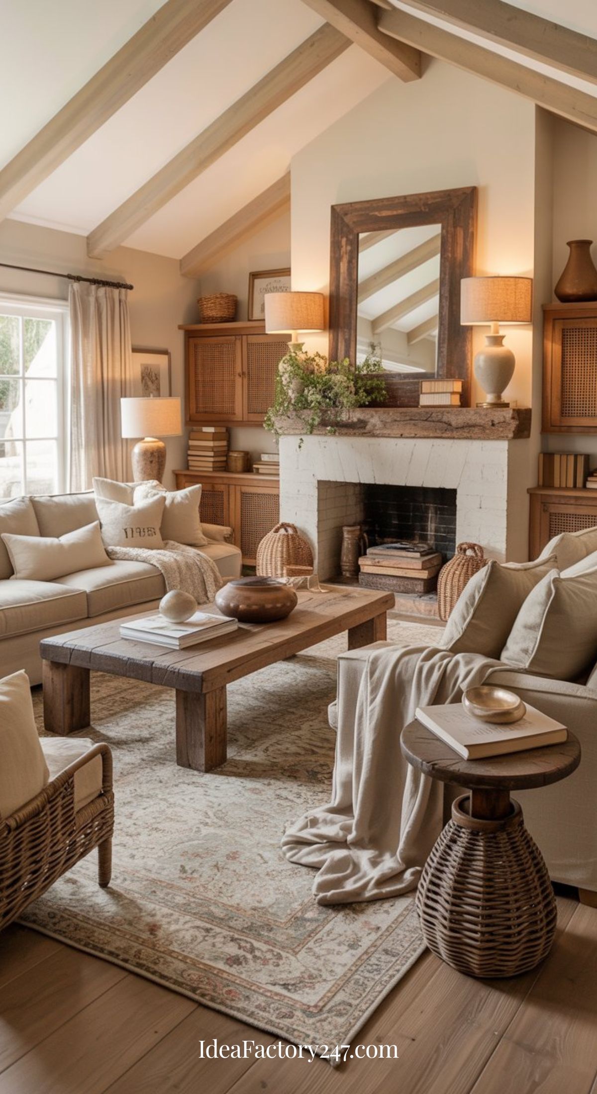 A cozy living room with neutral tones, wooden beams, a rustic coffee table, beige sofas, a fireplace with a large mirror, decorative vases, woven baskets, and shelves filled with books and decor.