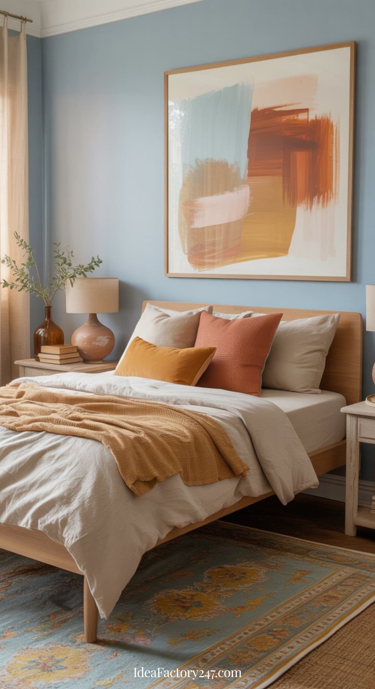 A cozy blue and terracotta bedroom with a light wooden bed, neutral bedding, rust and mustard pillows, a tan throw, blue walls, abstract art, two nightstands with lamps, a vase with greenery, and a patterned rug.