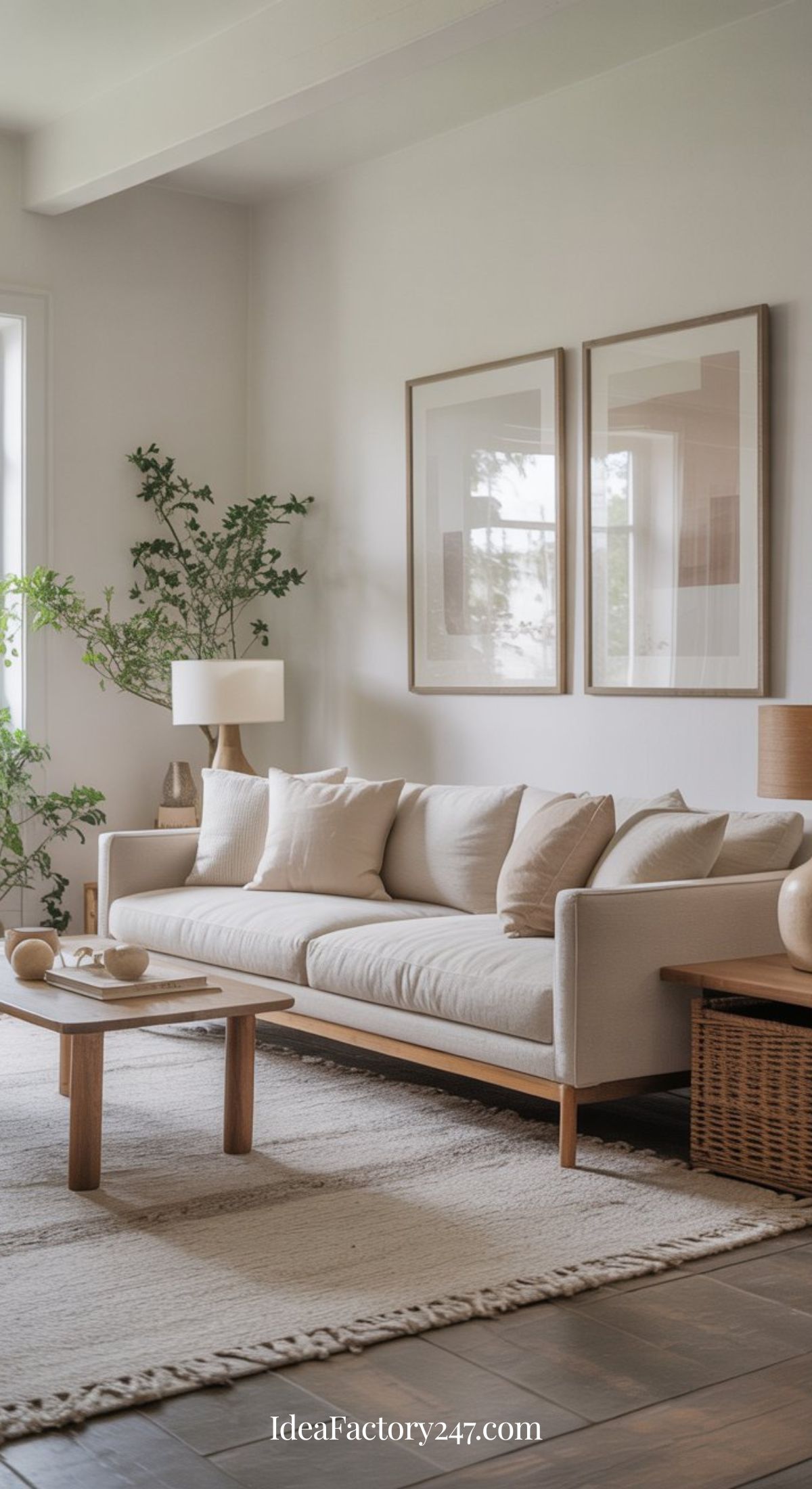 A bright, modern living room with a beige sofa, neutral cushions, wooden coffee table, indoor plants, and framed wall art. Natural light fills the space, creating a cozy and minimalist atmosphere.
