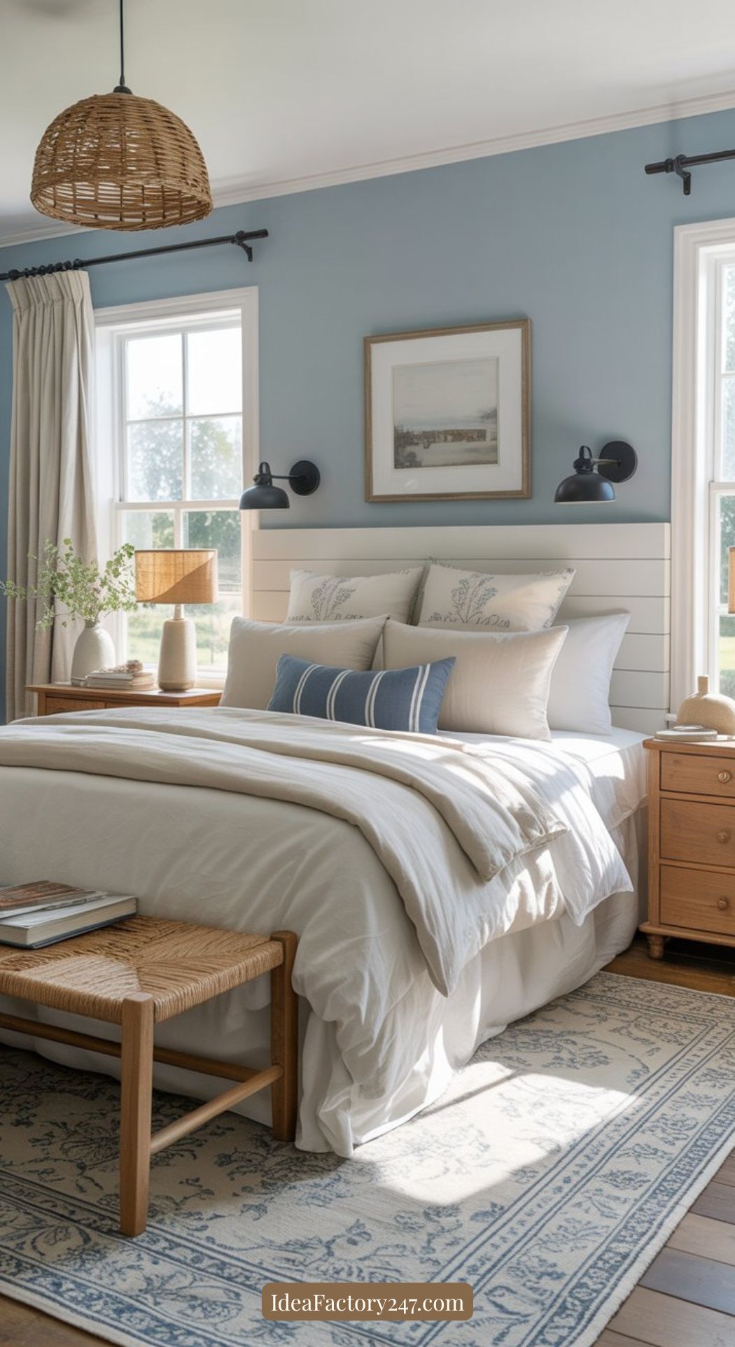 A cozy bedroom with a blue accent wall, white bed linens, decorative pillows, wooden nightstands with lamps, a wicker bench at the foot of the bed, and a patterned rug on the floor. Sunlight streams through two windows.