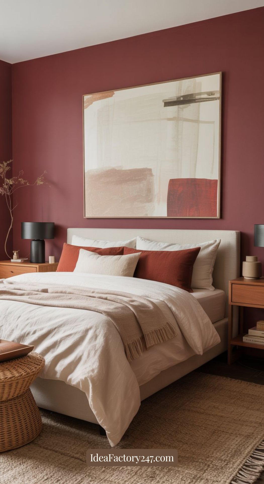 A cozy bedroom with a mauve accent wall, abstract artwork above a neatly made bed with white and rust-colored bedding, wooden nightstands, black lamps, and a woven bench at the foot of the bed.