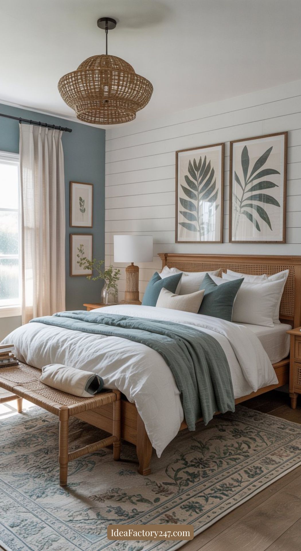 A cozy bedroom with a wooden bed, white bedding, teal throw, and pillows. Woven bench and lamp, botanical wall art, a large window with sheer curtains, and a patterned rug complete the serene, natural decor.