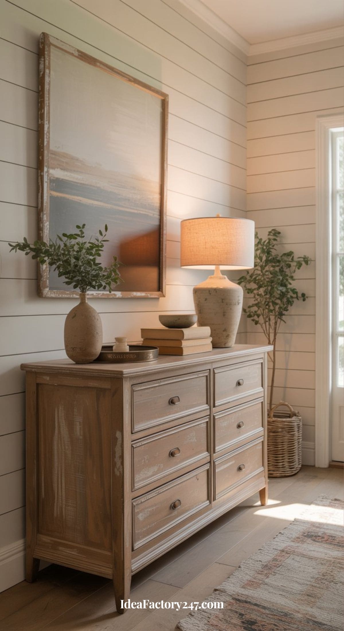 A rustic wooden dresser with six drawers stands against a white shiplap wall, topped with stacked books, a vase, and a ceramic lamp. A large framed artwork and potted plant complete the cozy, sunlit room decor.