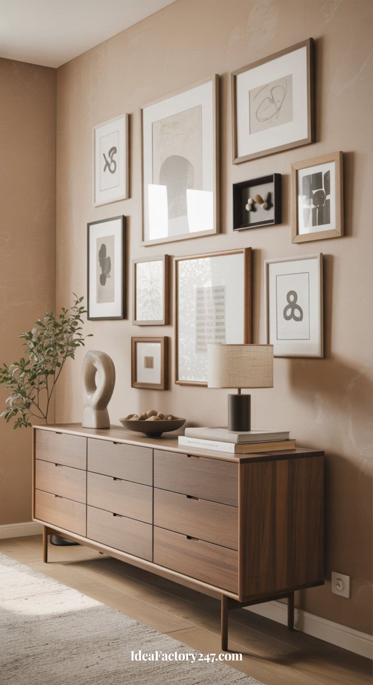 A modern living room with a wooden sideboard, table lamp, decorative sculpture, plant, and a gallery wall of framed abstract art in neutral tones above the sideboard.