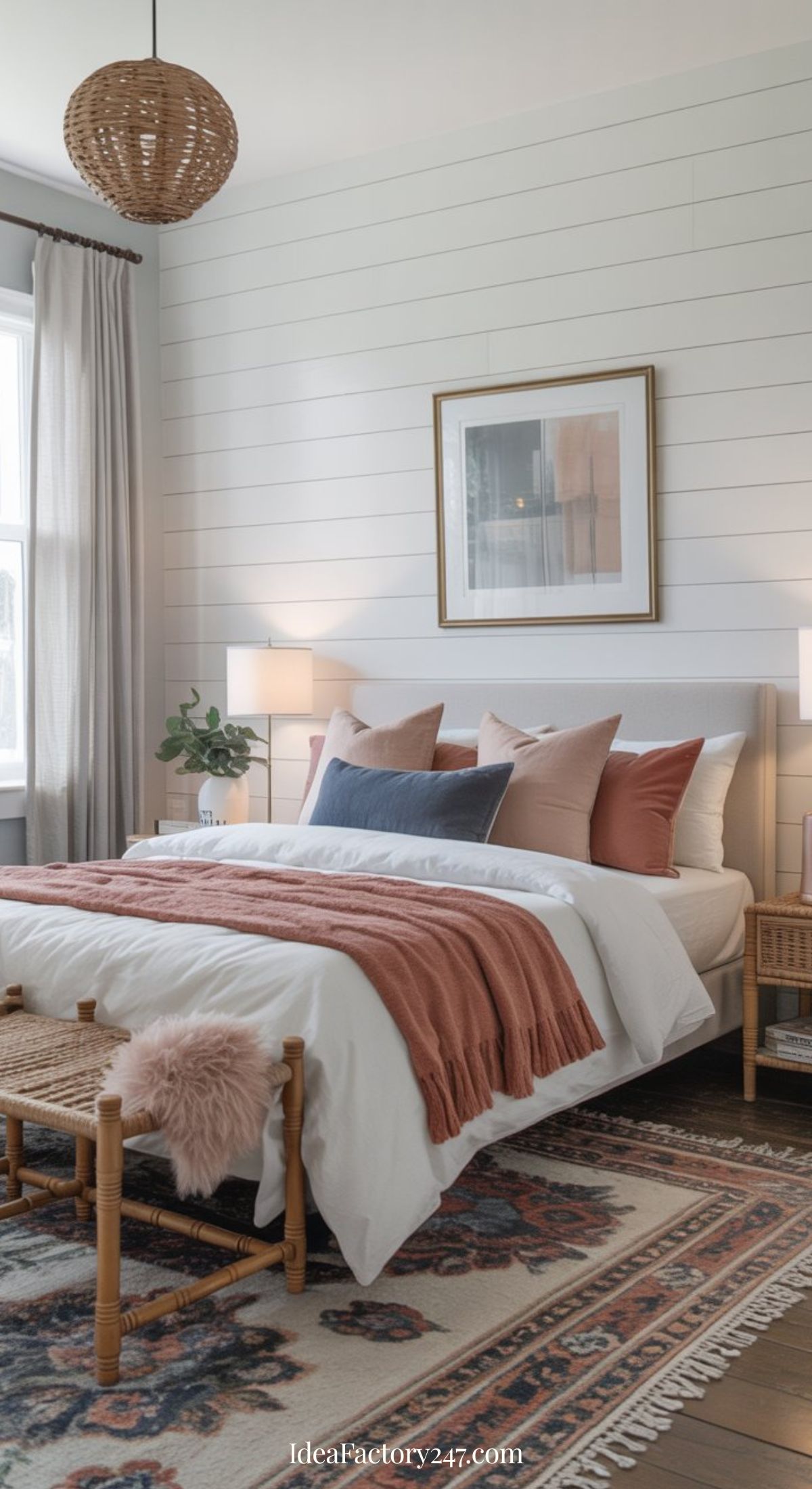 A cozy blue and terracotta bedroom with white shiplap walls, a bed topped with rust and blush pillows, a rust throw, two nightstands with lamps, woven bench, and patterned rug. A framed print and wicker pendant light complete the decor.