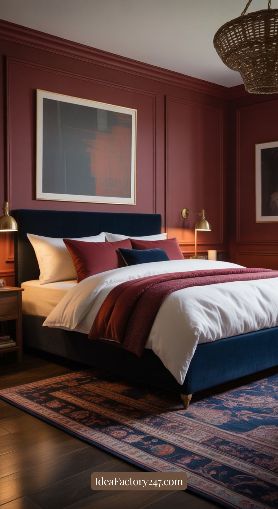 A cozy bedroom with deep red walls, a navy bed frame, white and burgundy bedding, gold wall lamps, large abstract art, and a patterned rug on dark wood floors. A woven light fixture hangs overhead.