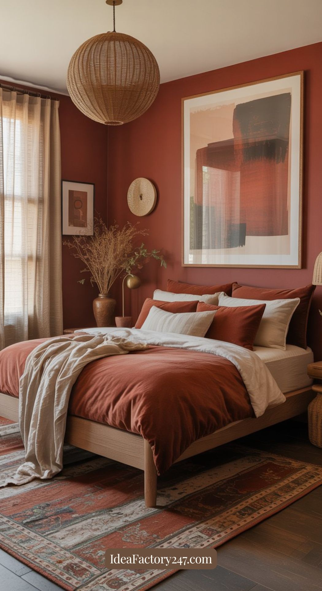A cozy bedroom with terracotta walls, a wooden bed with rust-colored bedding, a patterned rug, dried plants in a vase, and large abstract art above the bed. Soft natural light enters through sheer curtains.