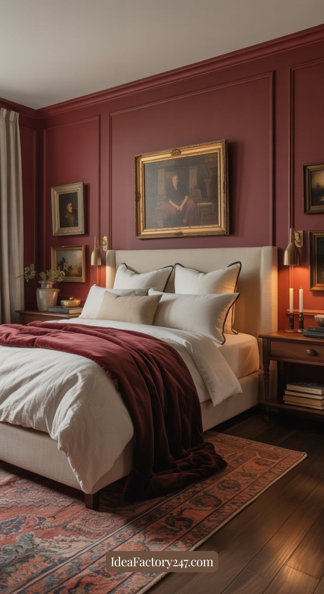A cozy bedroom with burgundy walls, classic paintings, a beige upholstered bed with white and burgundy bedding, warm lighting, wooden nightstands, and a patterned rug, creating an elegant and inviting atmosphere.
