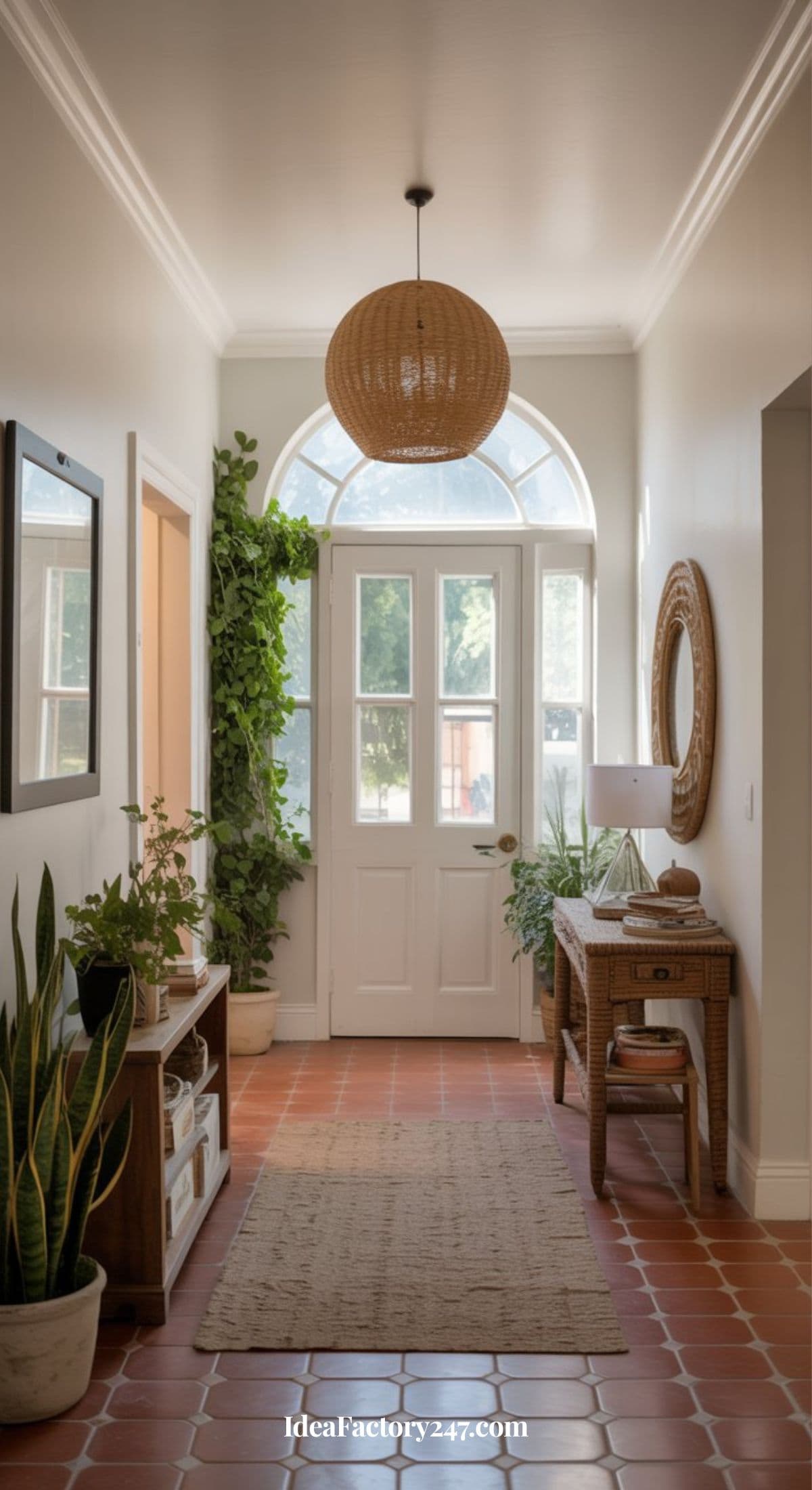 A bright, airy hallway with terracotta tile flooring, white walls, a round wicker mirror, a console table with plants, a woven pendant light, and a large arched window above the front door.