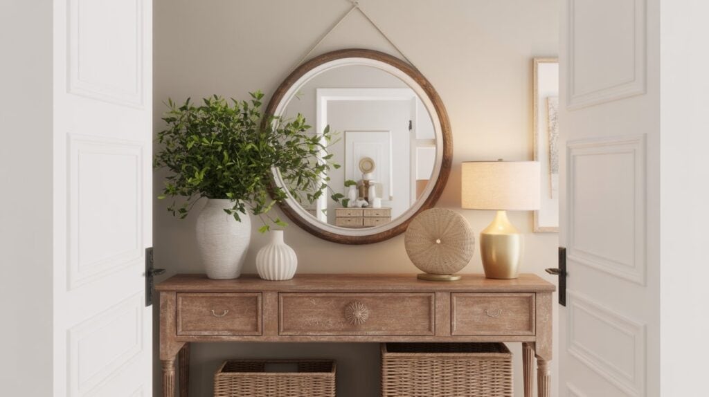A wooden console table with drawers holds a large vase of greenery, two decorative vases, and a lit lamp. A round wall mirror hangs above, reflecting more of the bright, neutral entryway. Two wicker baskets sit below the table.