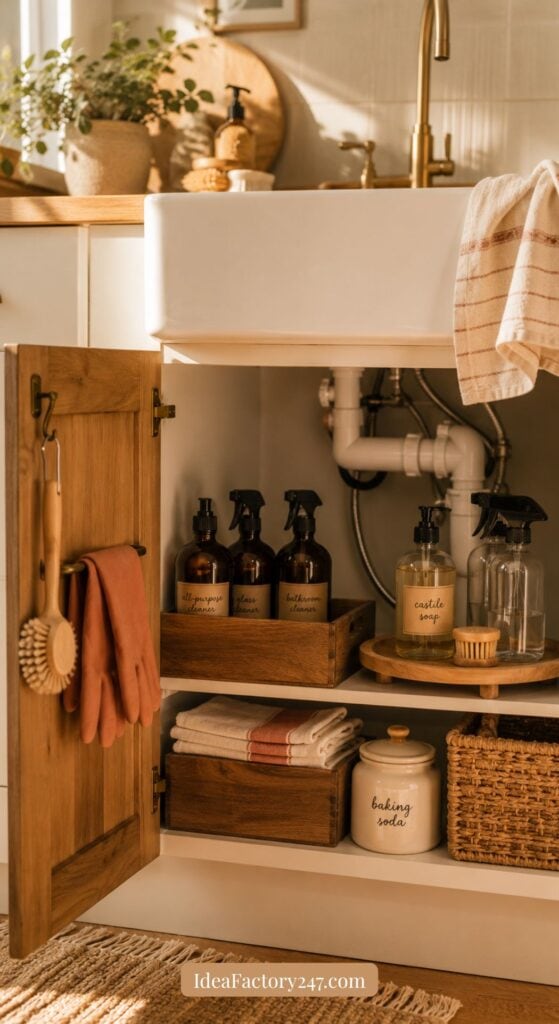 A neatly organized under kitchen sink cabinet features labeled glass spray bottles, sponges, cleaning brushes, gloves, and jars for baking soda and castile soap on wooden shelves. Warm sunlight brightens this under kitchen sink organization.