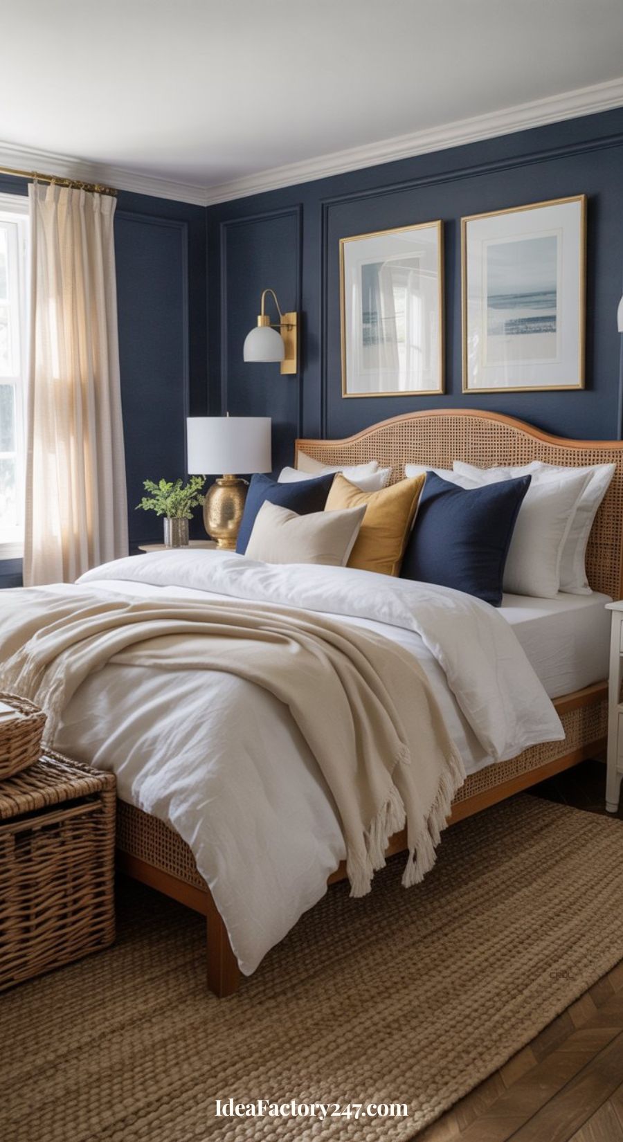 A cozy bedroom with a rattan bed frame, white and navy bedding, gold accent pillows, a wicker bench, navy walls, framed art, a lamp, and light curtains letting in natural light.