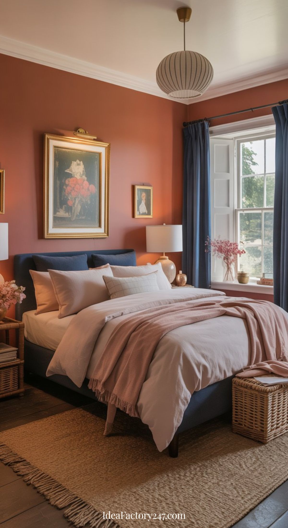 A cozy blue and terracotta bedroom featuring navy upholstered bed with white and blush bedding, terracotta walls, side tables with lamps, framed art above the bed, blue curtains, a window, plus a woven rug and basket.