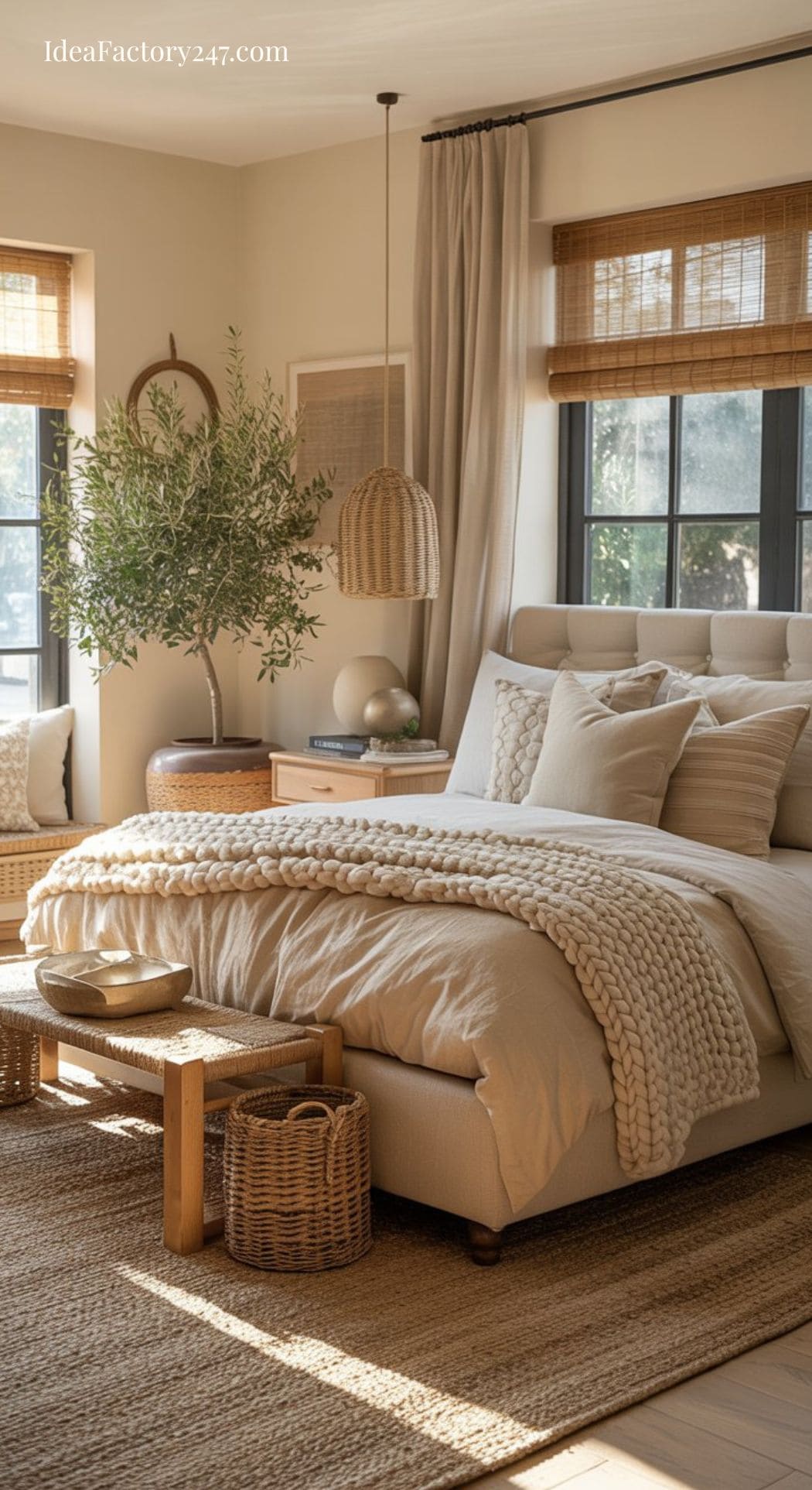A cozy, sunlit bedroom with a neutral color palette, featuring a plush bed with knitted blankets, wicker furniture, woven baskets, a potted olive tree, and light filtering through bamboo shades.