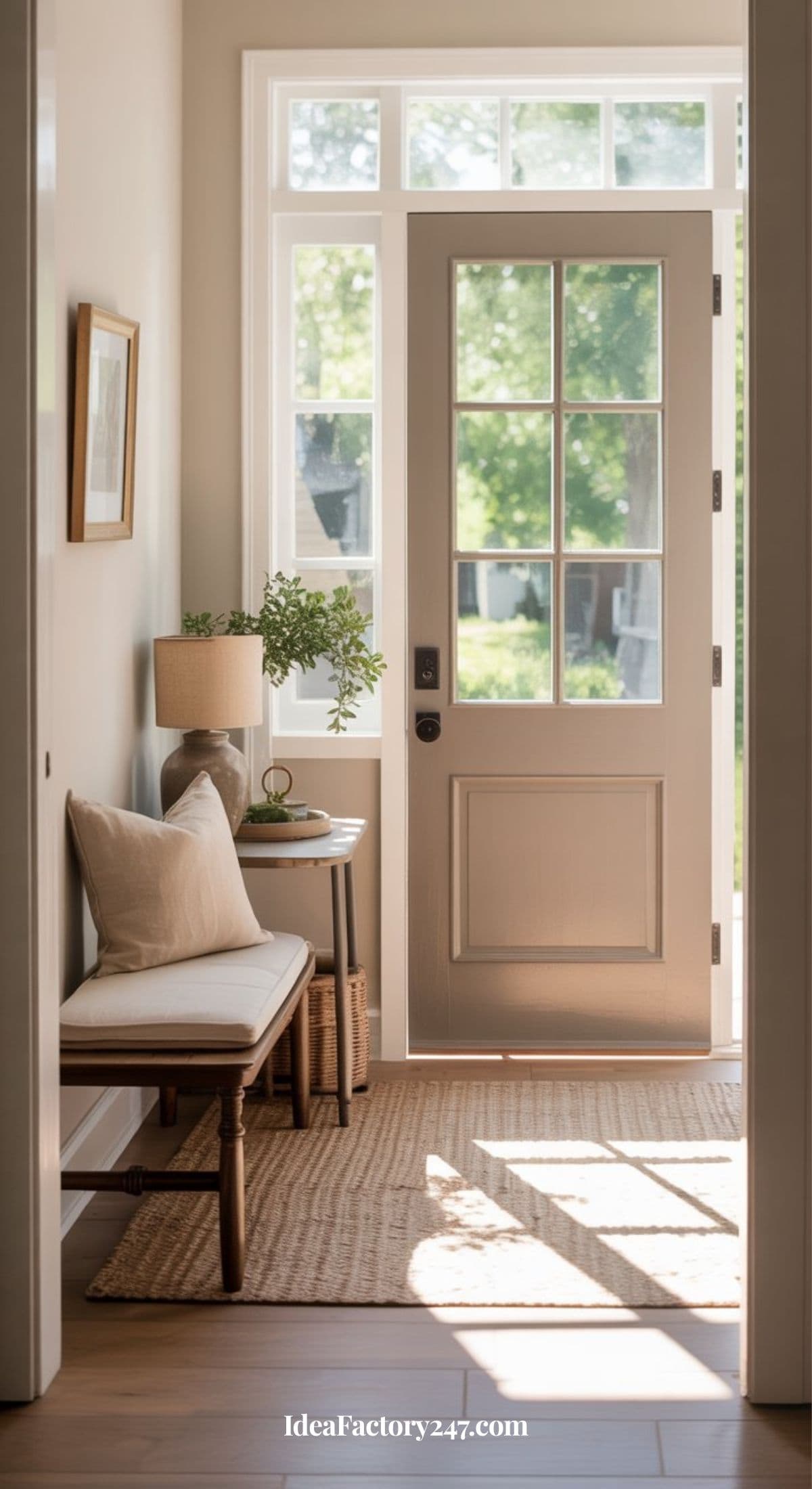Bright entryway with a beige front door, a cushioned wooden bench, a small round table with a potted plant and lamp, a woven rug, and sunlight streaming in through large windows.