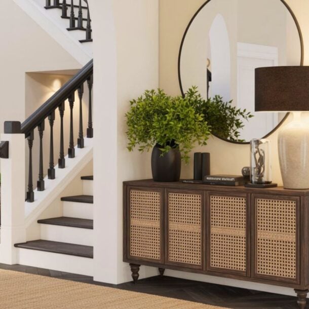 A modern entryway features a wooden console table with wicker panels, a large round mirror, a black table lamp, a green potted plant, and decor. A staircase with black railings is in the background.