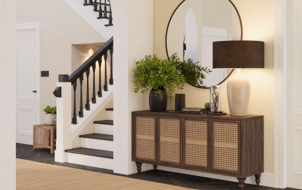 A modern entryway features a wooden console table with wicker panels, a large round mirror, a black table lamp, a green potted plant, and decor. A staircase with black railings is in the background.
