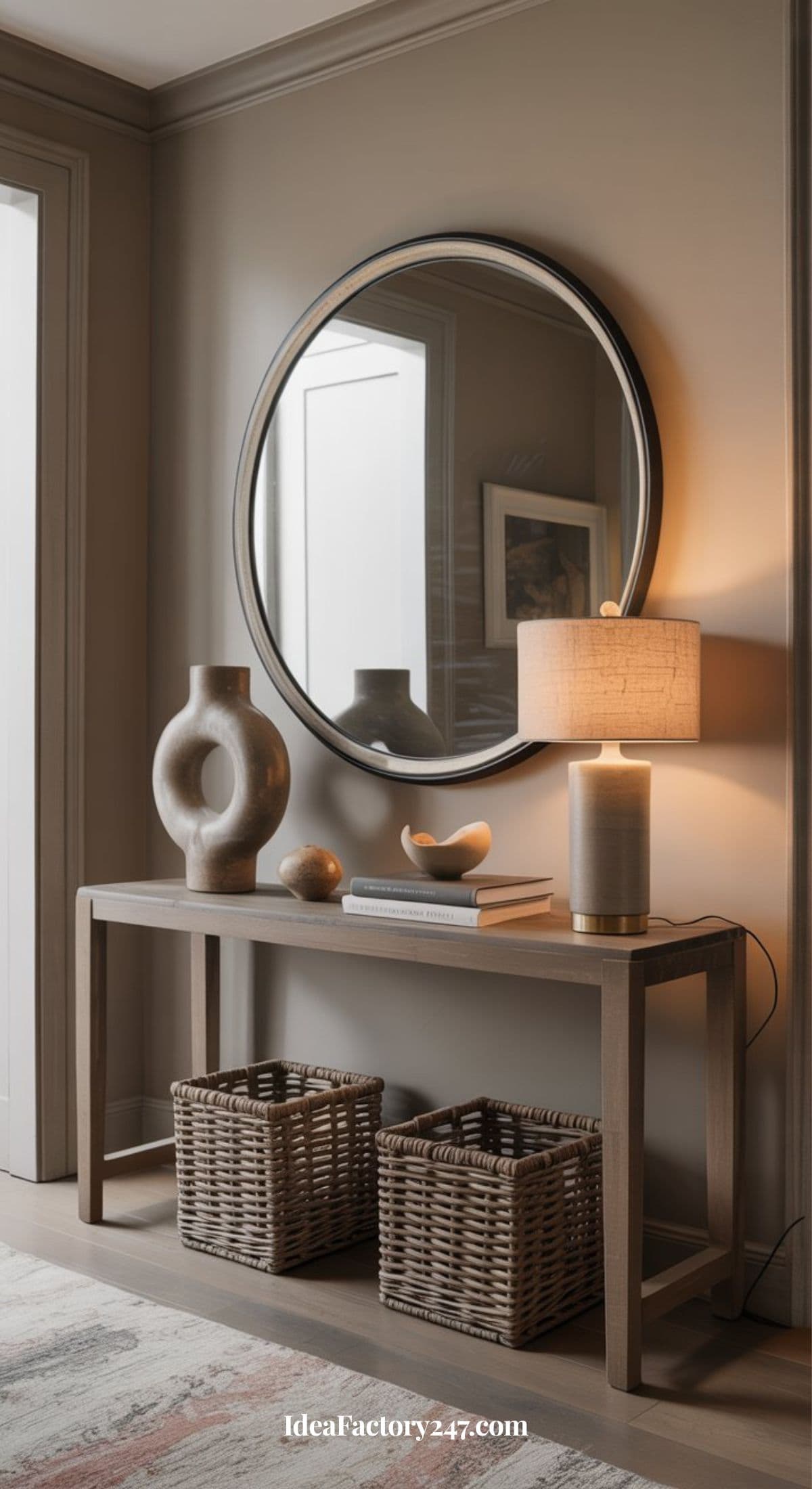 A modern entryway featuring a wooden console table with a round mirror above it, a ceramic vase, a lamp, books, decorative objects, and two woven baskets underneath. The decor is neutral and minimalist.