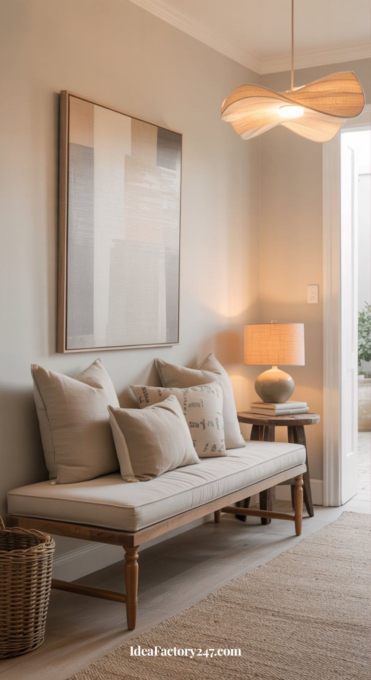 A cozy, neutral-toned entryway with a wooden bench topped with cream cushions and pillows, a round side table with a lamp, abstract wall art, woven basket, and a sculptural pendant light overhead.
